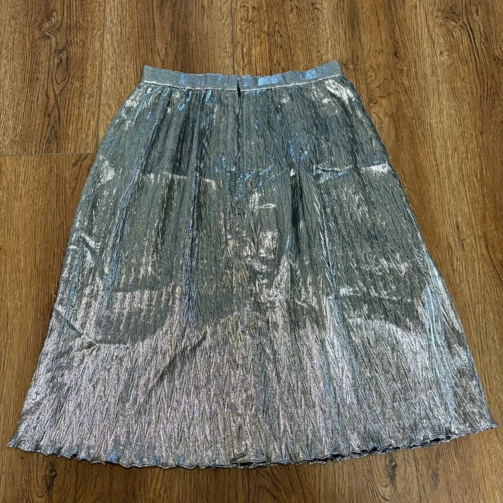 VTG 80s Evan Picone Silver Metallic Crinkle Pleated Midi Skirt ILGWU Made in USA
